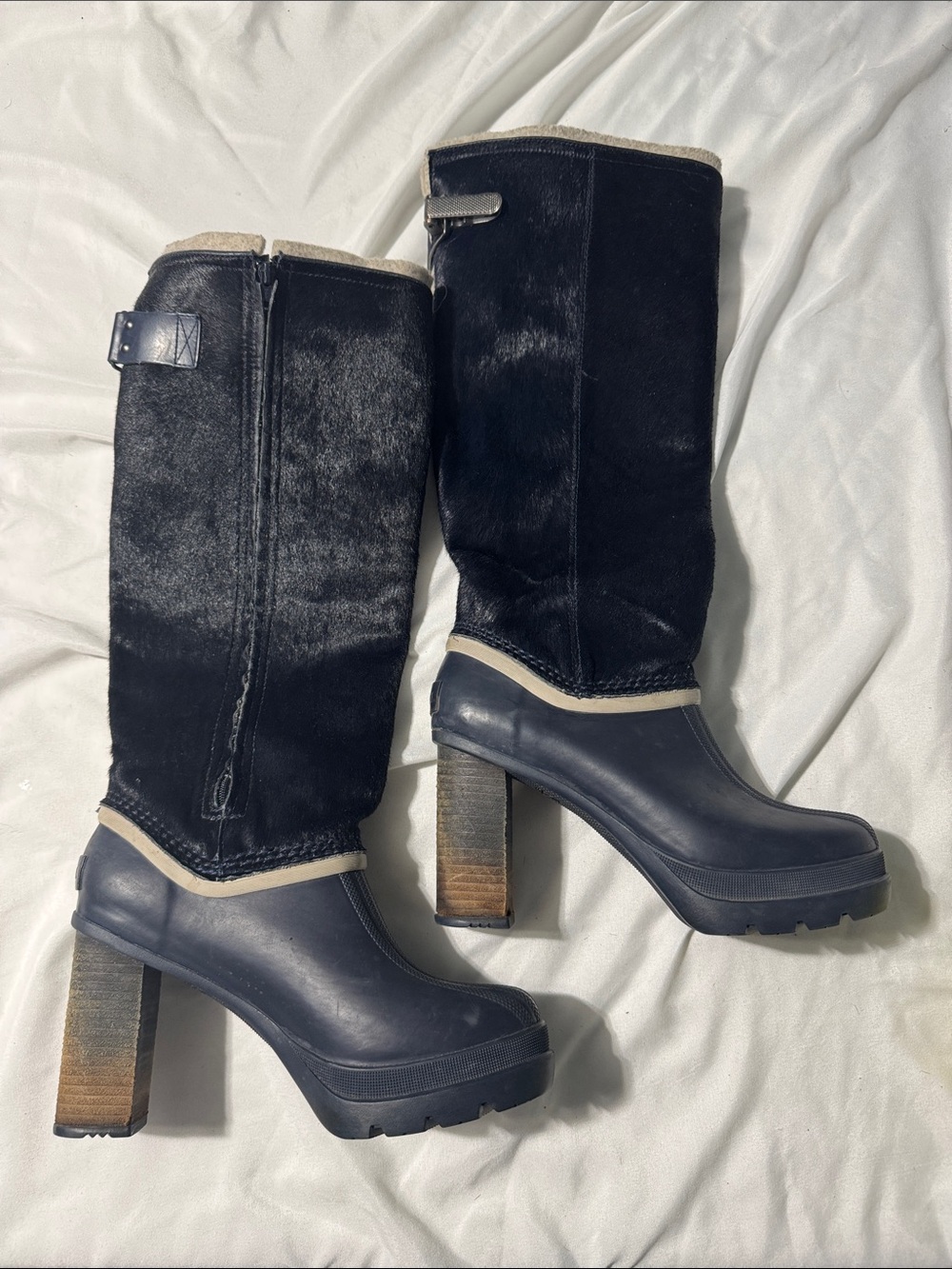 Sorel Black Waterproof Heeled Tall Boots Shearling Trim Size 8 Fall Winter Chic